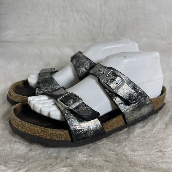 Birkenstock Shoes - Birkenstock Arizona EU38 , US 7 Regular Black Silver Metallic Leather Sandals